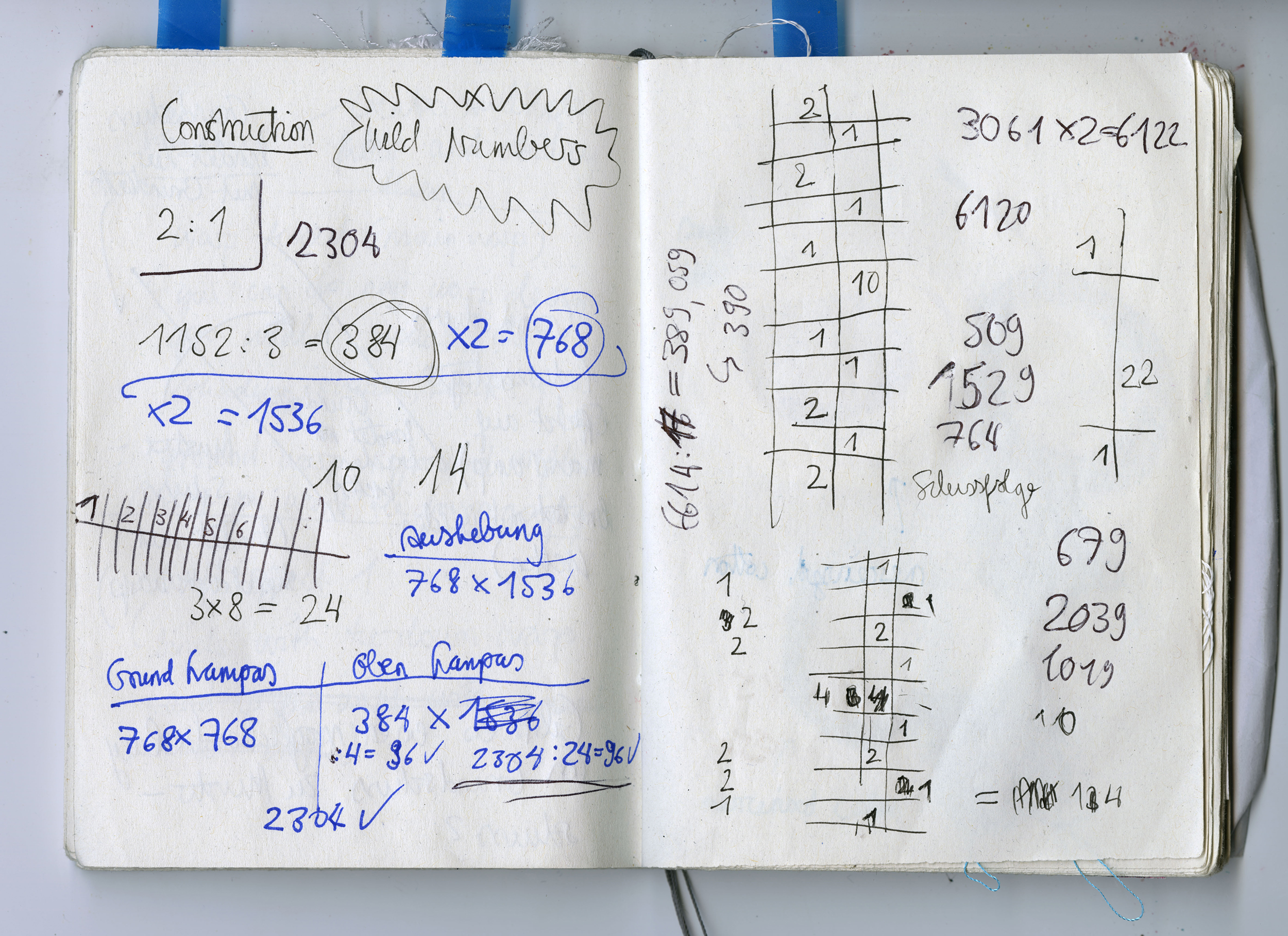 A double page of a sketchbook with a lot of numbers alone, in equasions or in sequences under the heading construction - wild numbers